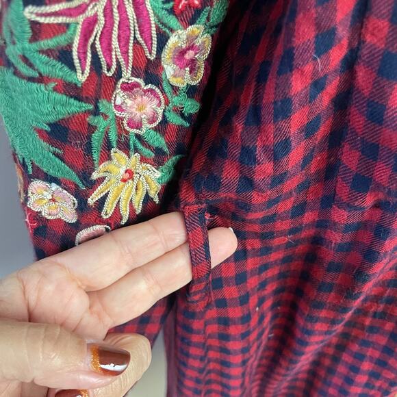 ZARA TRF Embroidered Boho Western Grunge Cowgirl Floral Duster Plaid Shirt Dress - Picture 4 of 10